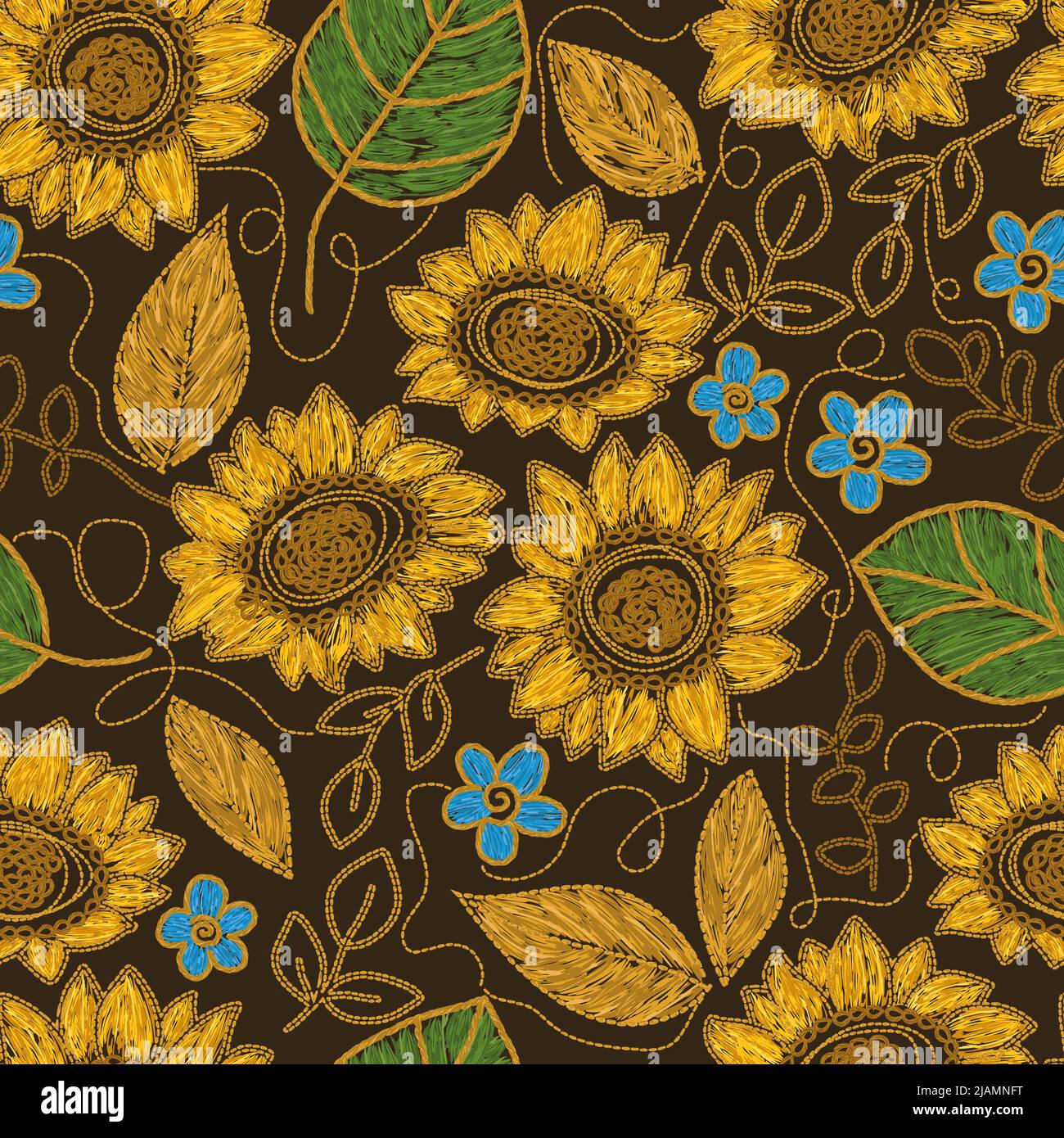 Sunflower flower embroidery - Ukrainian seamless pattern. Vector ...