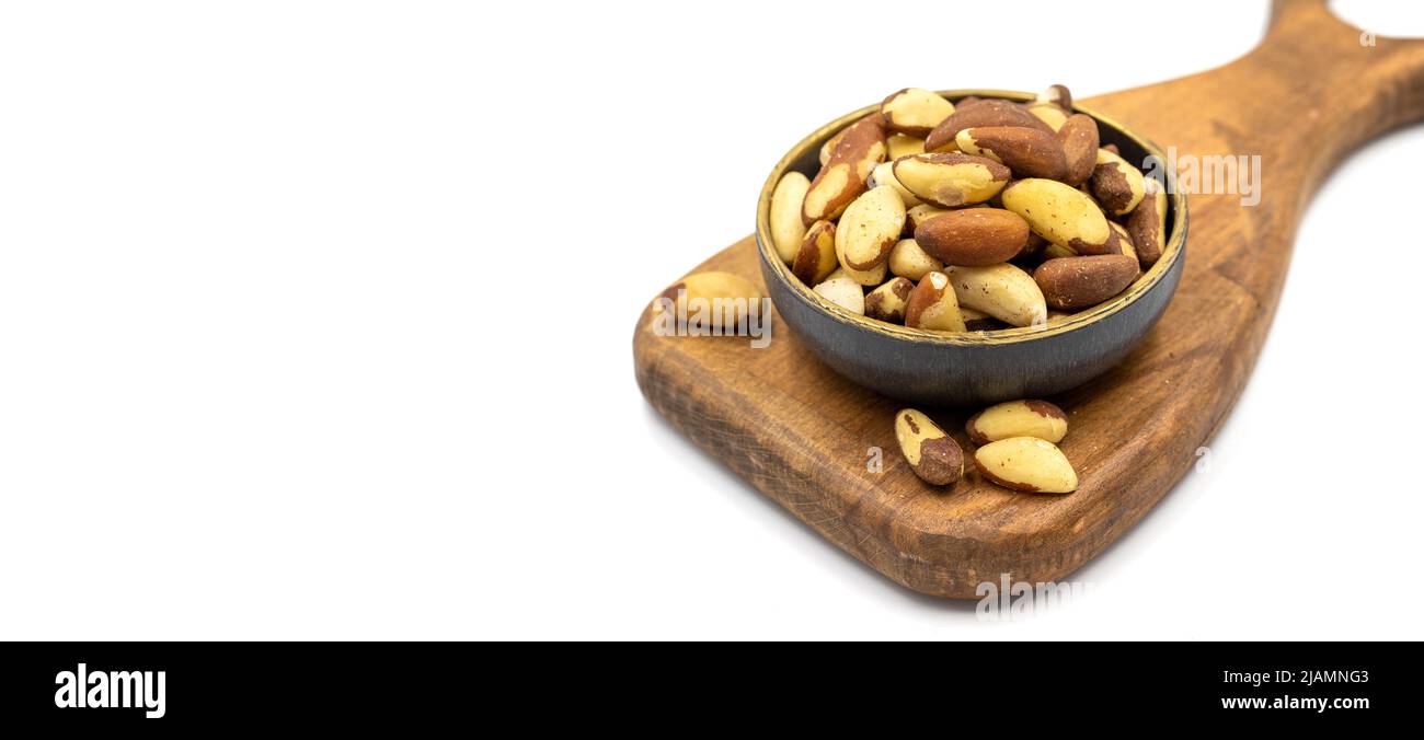 Brazil walnut on white background. Close-up brazil walnut kernel. Copy space. Space for text Stock Photo