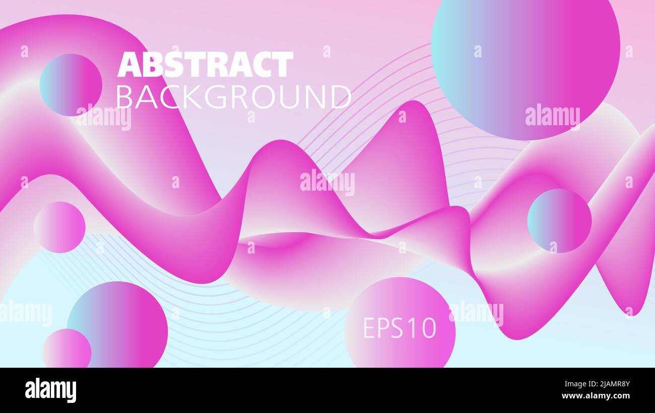 Magenta, aquamarine flying waveform and spheres. Colored fluid background. Vector liquid design. Abstract dynamic wave pattern, 3d shapes. EPS10 Stock Vector