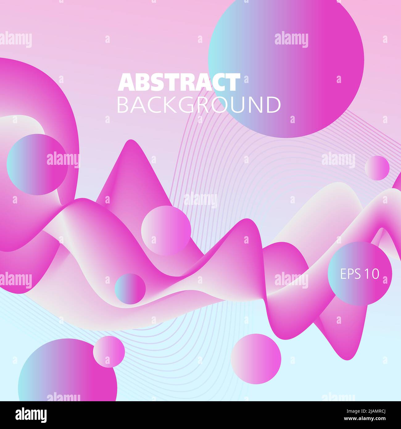 Magenta, aquamarine fluid background. Colored flying waveform and spheres. Vector liquid design. Abstract dynamic wave pattern, 3d shapes. EPS10 Stock Vector