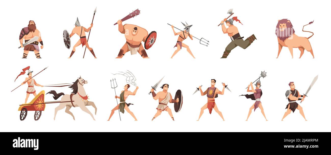 Ancient roman gladiators. Different weapons fighters, cartoon strong characters in traditional costume, soldiers and animals, coliseum battle Stock Vector