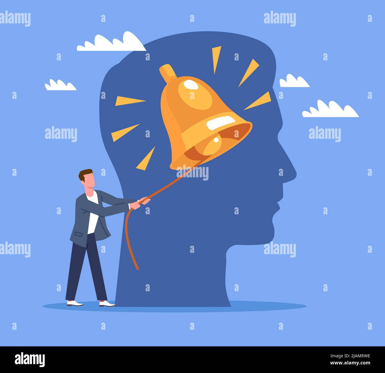 Awakening of inner consciousness. Self awareness and personality, sharp thinking, man ringing the bell in brain. Therapy and psychotherapy metaphor Stock Vector