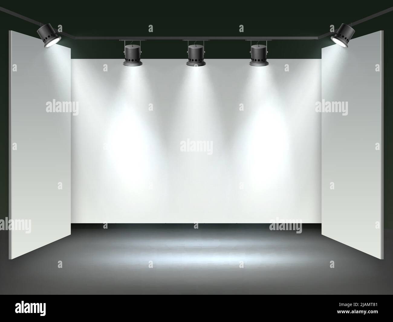 Floodlights gallery hall. Realistic museum exhibition, blank mockup, white walls, studio spotlights, front view interior, empty performance or Stock Vector