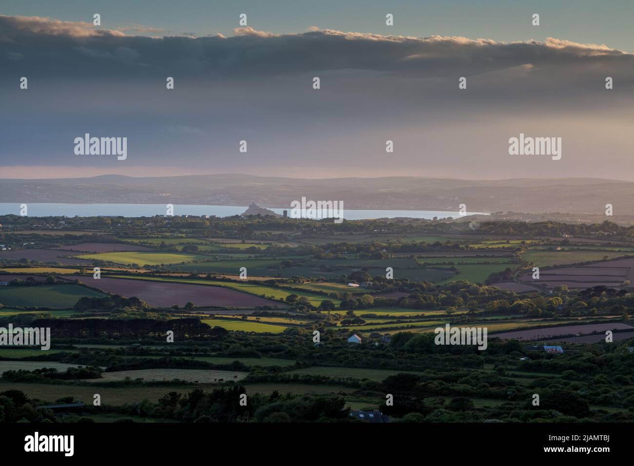 Views from Tregonning Hill in West Cornwall, England. Images taken just before or at sunset in late May Stock Photo