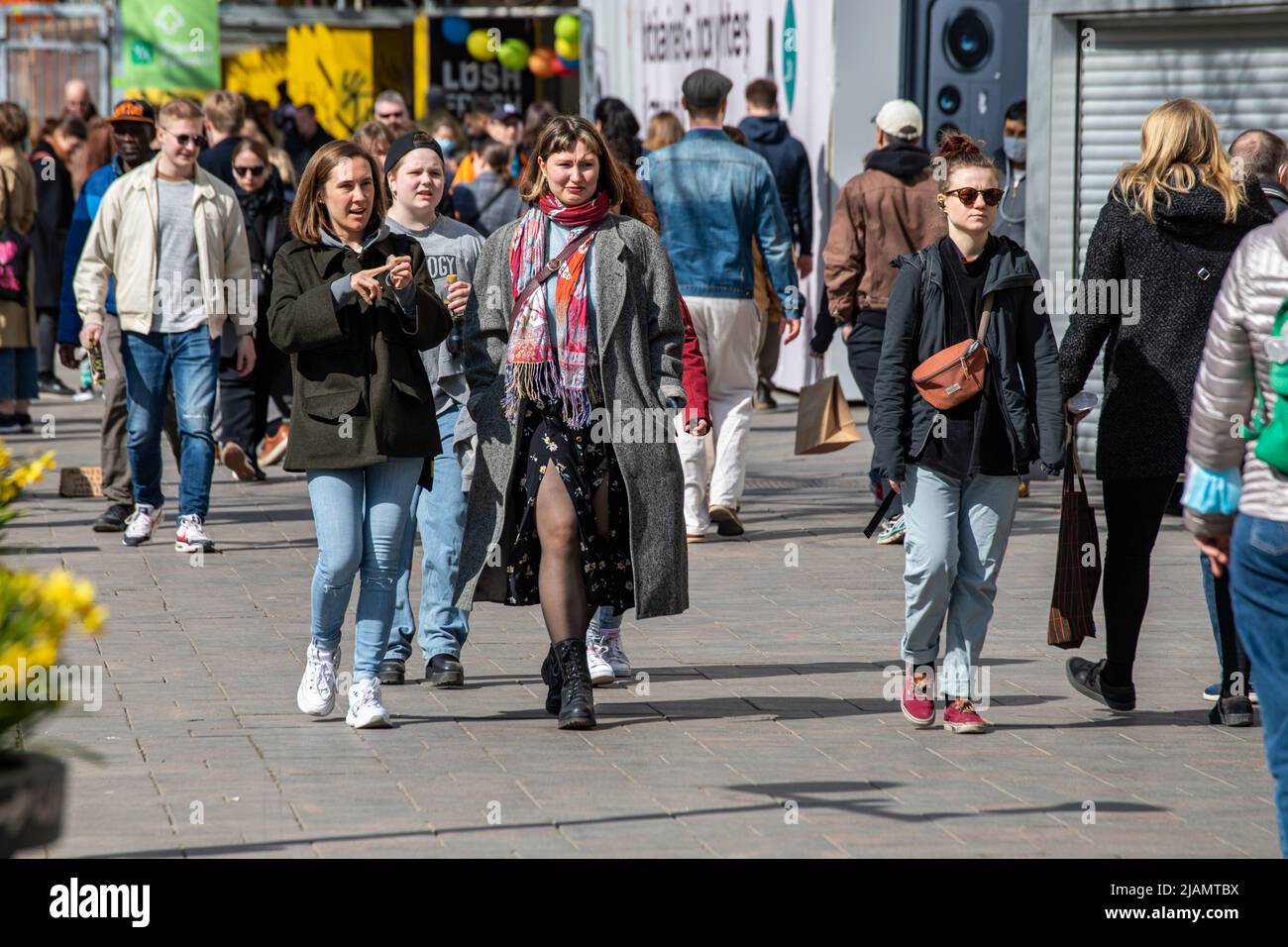 Incidental people in Mannerheimintie sidewalk in Helsinki, Finland Stock Photo