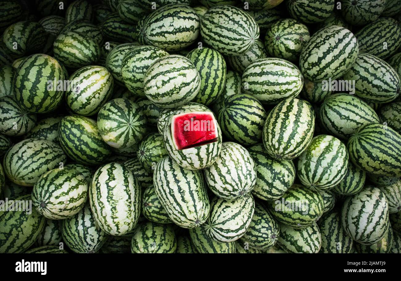 Green watermelons with red inside Stock Photo