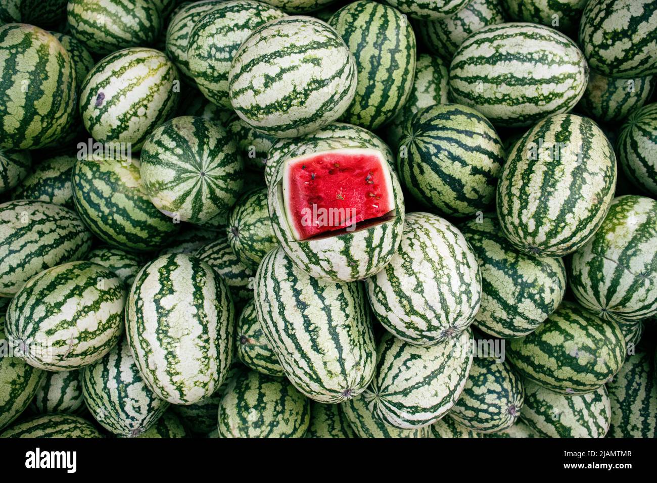 Green watermelons with red inside Stock Photo