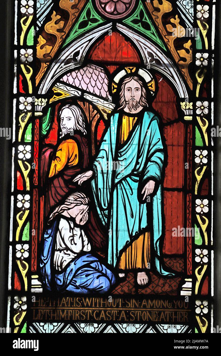A stained glass window by Frederick Preedy depicting Jesus rebuking the accusers, All Saints Church, Church Lench, Worcestershire Stock Photo