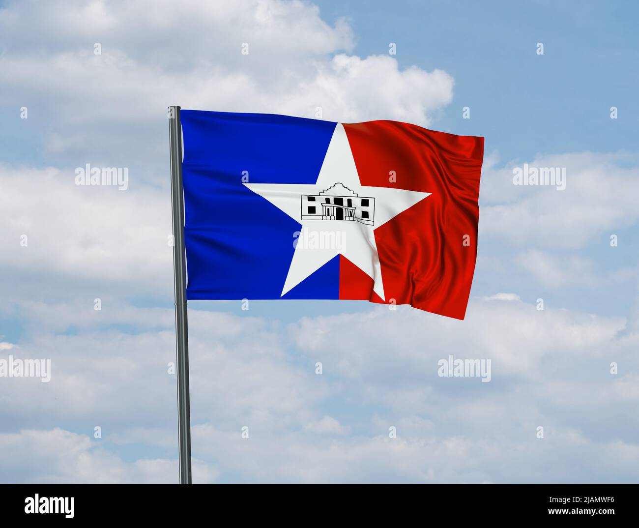 San Antonio city US flag waving in the wind on sky background Stock