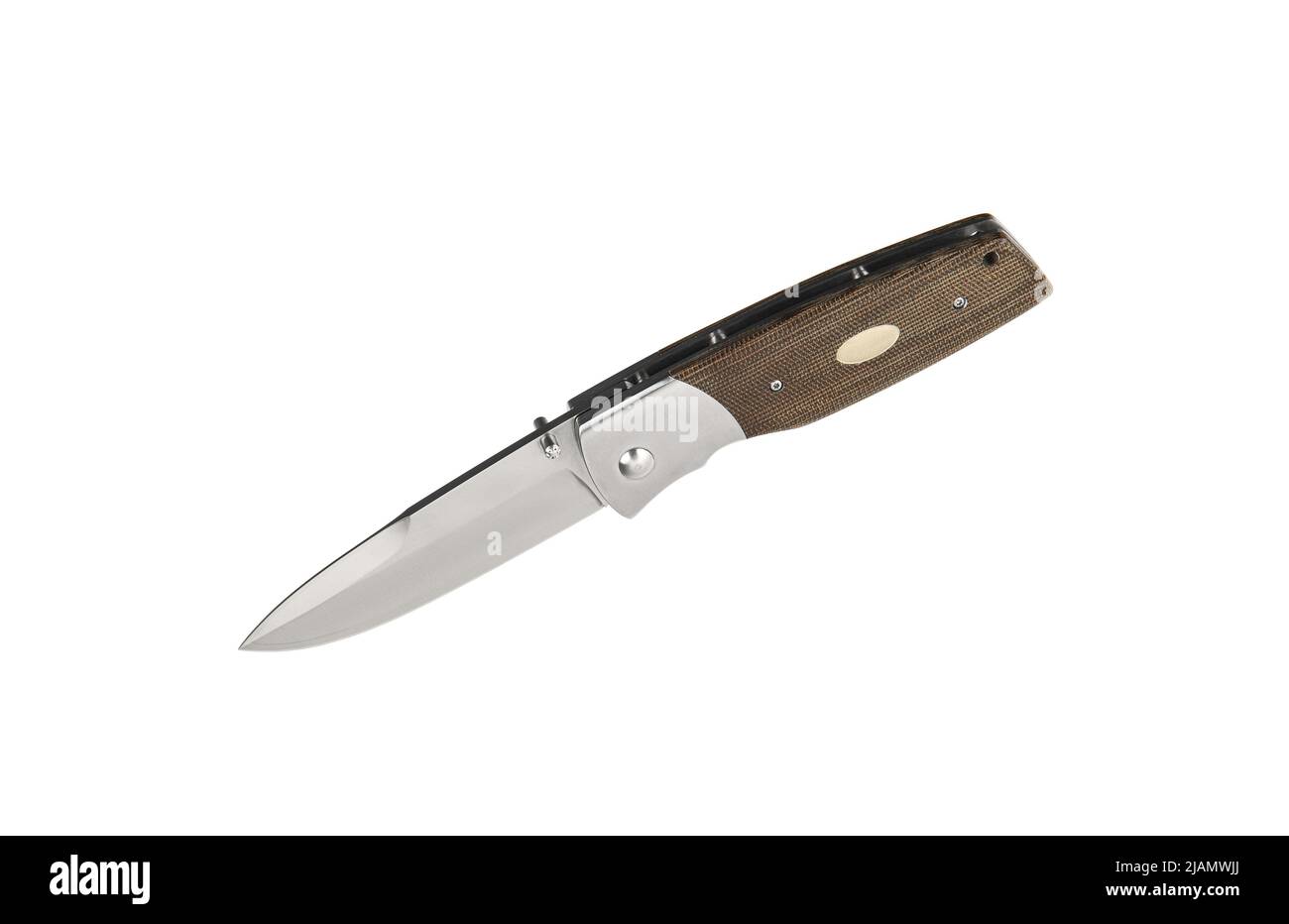 Pocket folding knife isolate on white background. Compact metal sharp