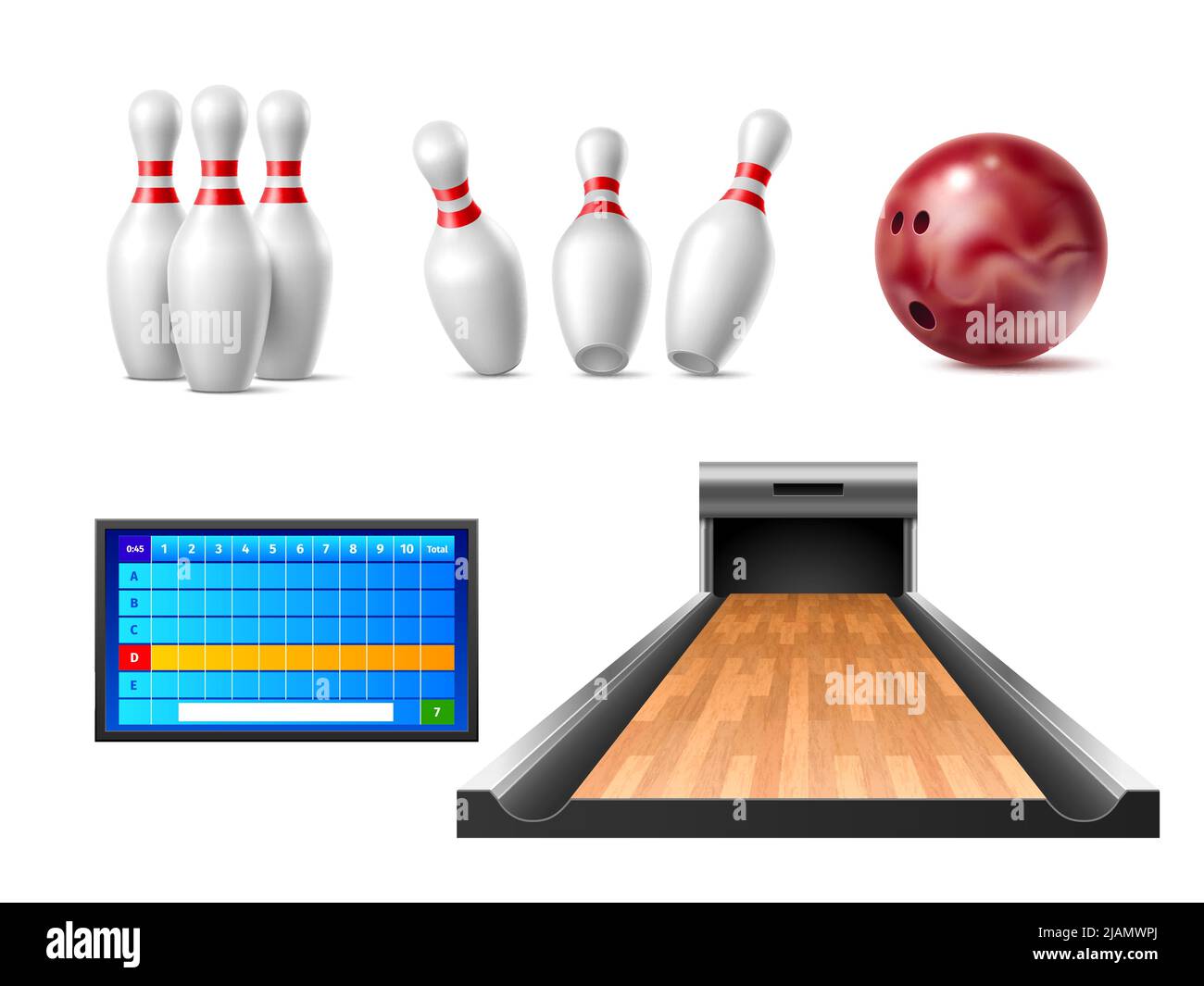 Realistic bowling elements. Challenge sport game equipment, standing and falling skittles, ball