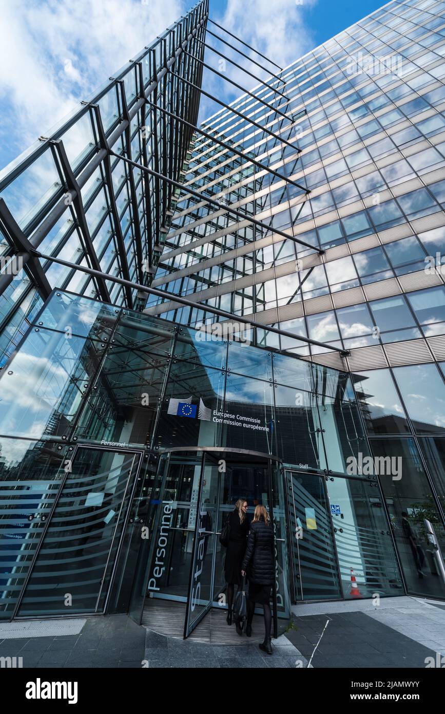 Brussels European District, Brussels Capital Region - Belgium - 02 17 2020  Low angle view of the contemporary staff entrance of a building of the Eur Stock Photo