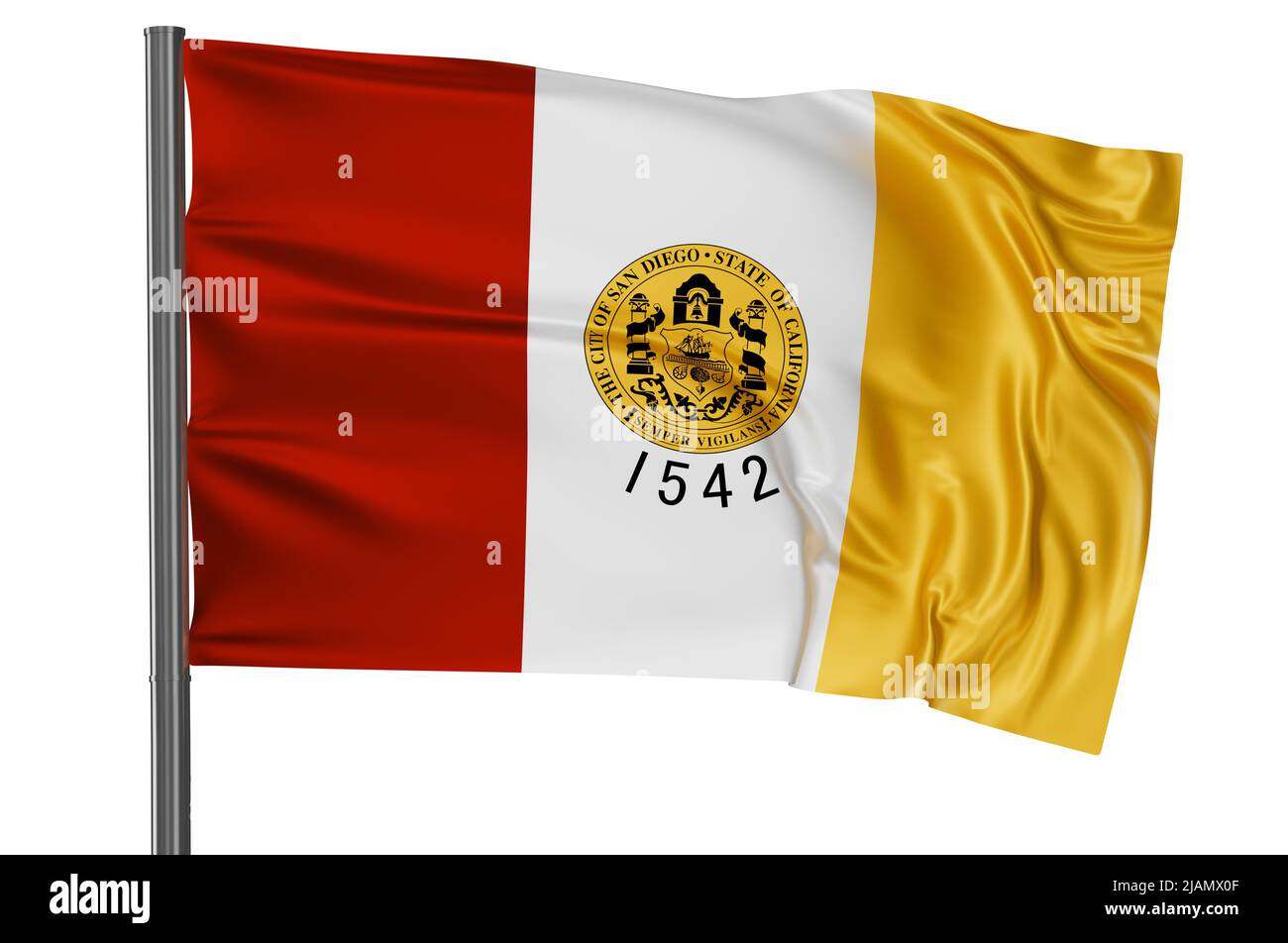 San Diego city US flag waving in the wind on white background Stock Photo