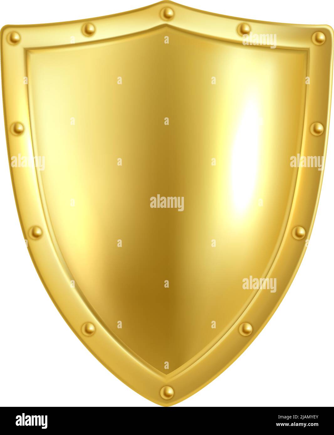 Golden shield. Realistic heraldic symbol. Metallic monarch award. Luxury royal sign, blank empty security insignia, power protection symbol. Premium Stock Vector