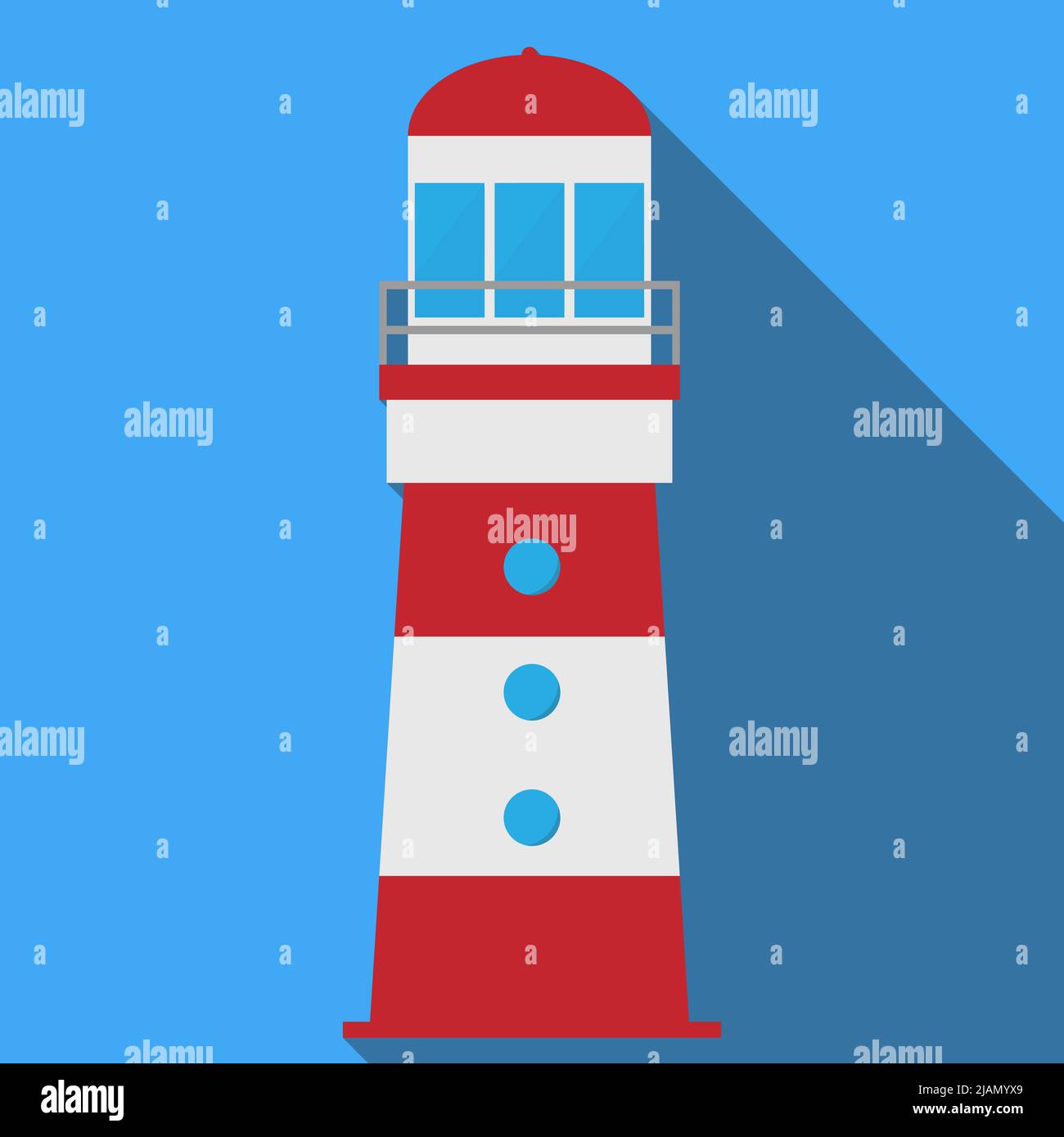 red and white lighthouse with drop shadow against blue background, flat design vector illustration Stock Vector