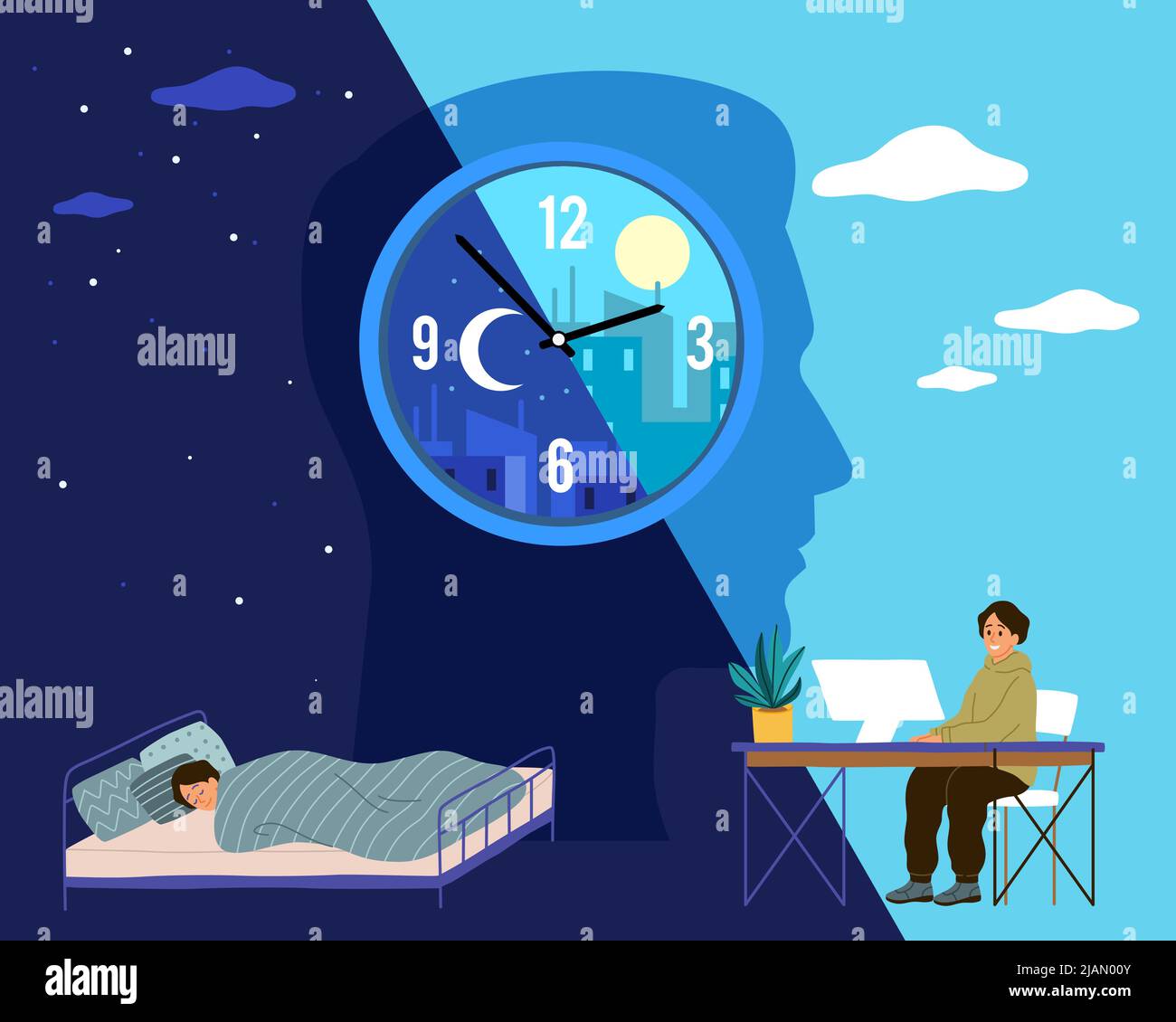 Human biological clock. Time for sleep and work, man in bed at night