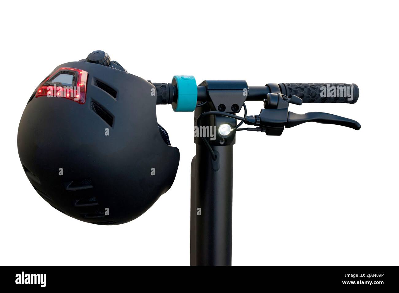 Helmet and handlebars of an electric scooter isolated on a white background Stock Photo
