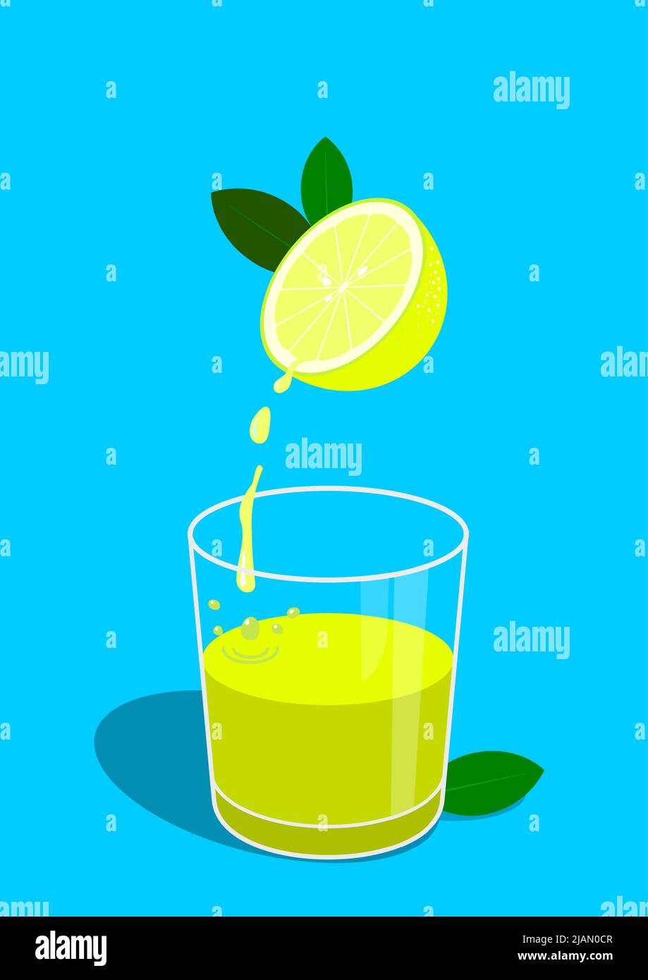 Healthy illustration of a half lemon from which the juice flows into a glass underneath. Flat and vivid colors. Cool and fun Stock Vector