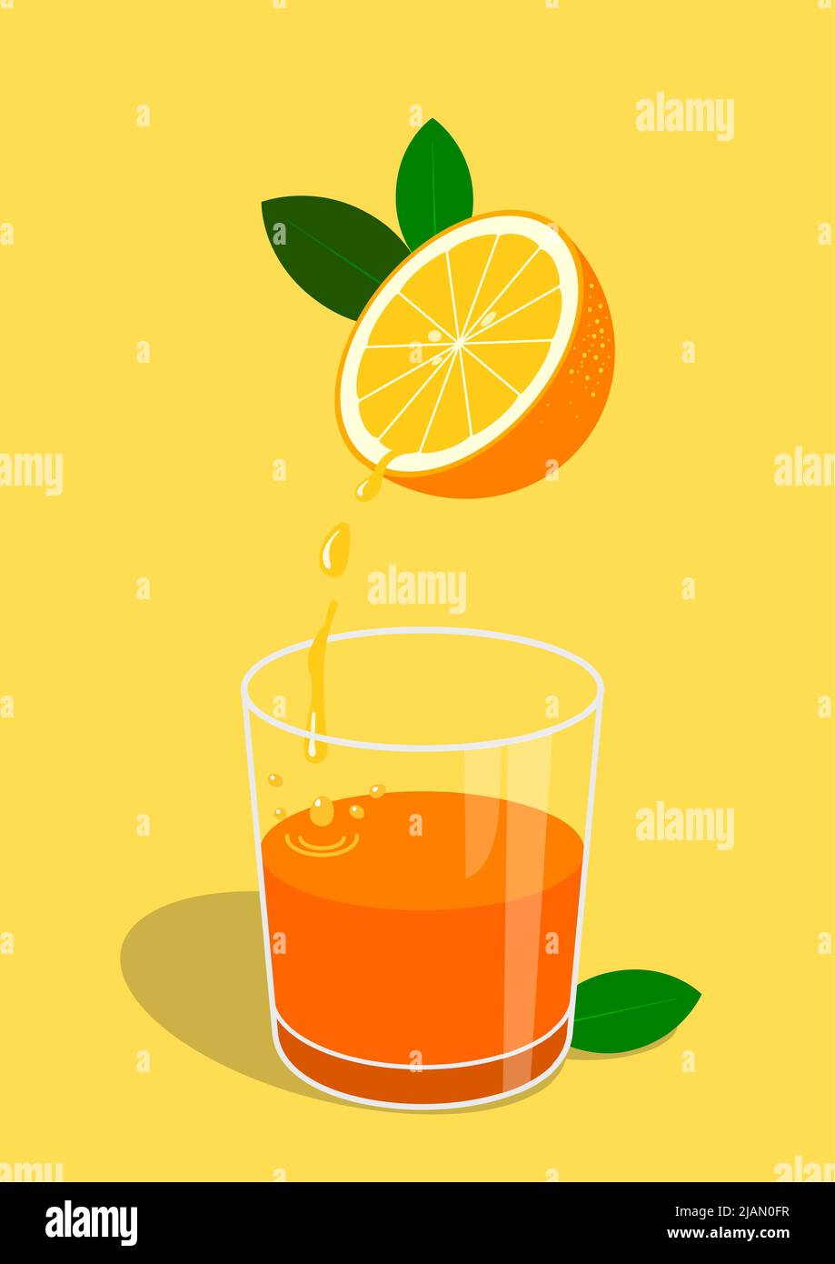 Healthy illustration of a half orange from which the juice flows into a glass underneath. Flat and vivid colors. Cool and fun Stock Vector