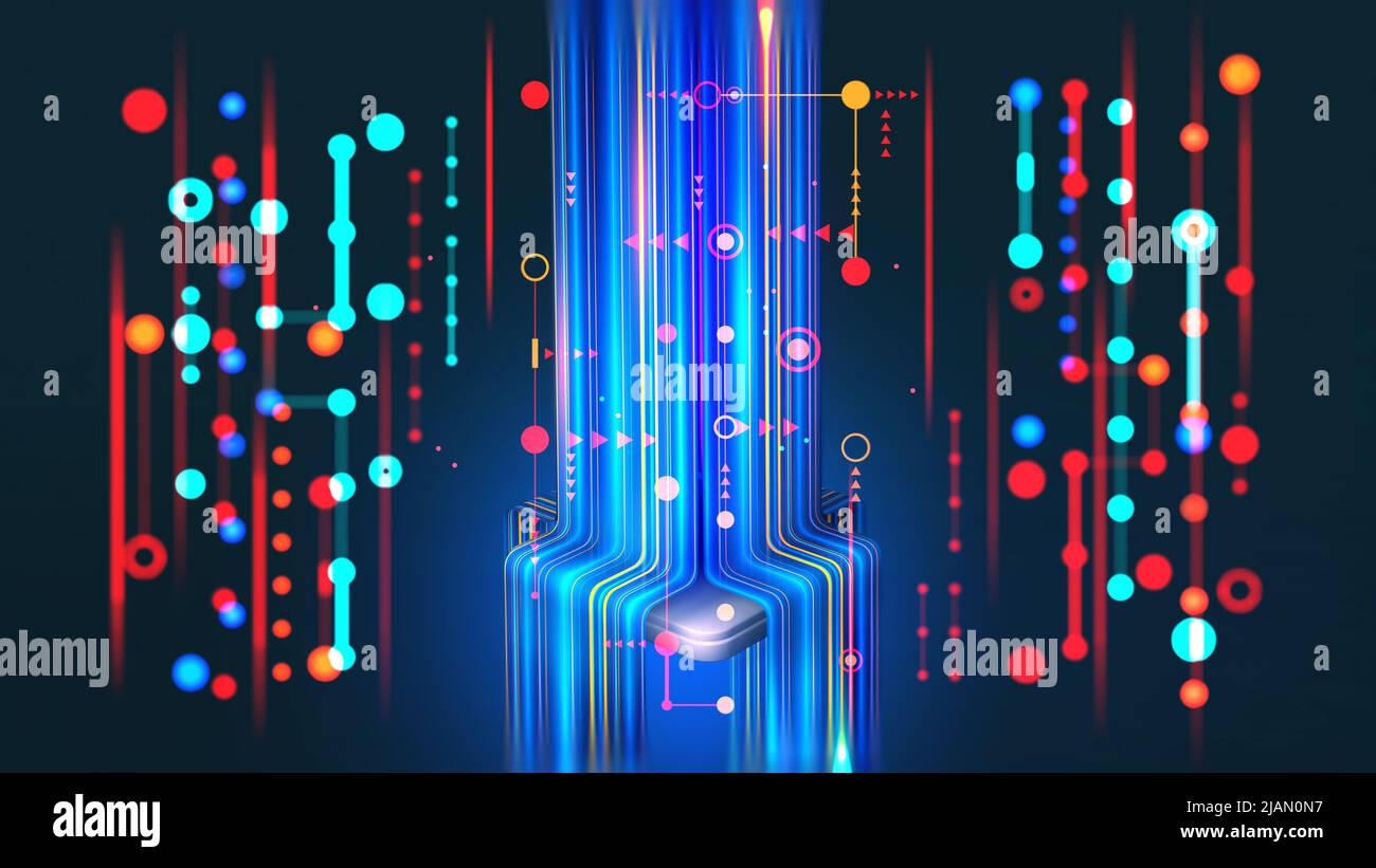 Cyber hi-tech. Futuristic Big data stream. Motion of digital data flow. Data transmission channel 3D illustration. Business analytics presentation Stock Photo