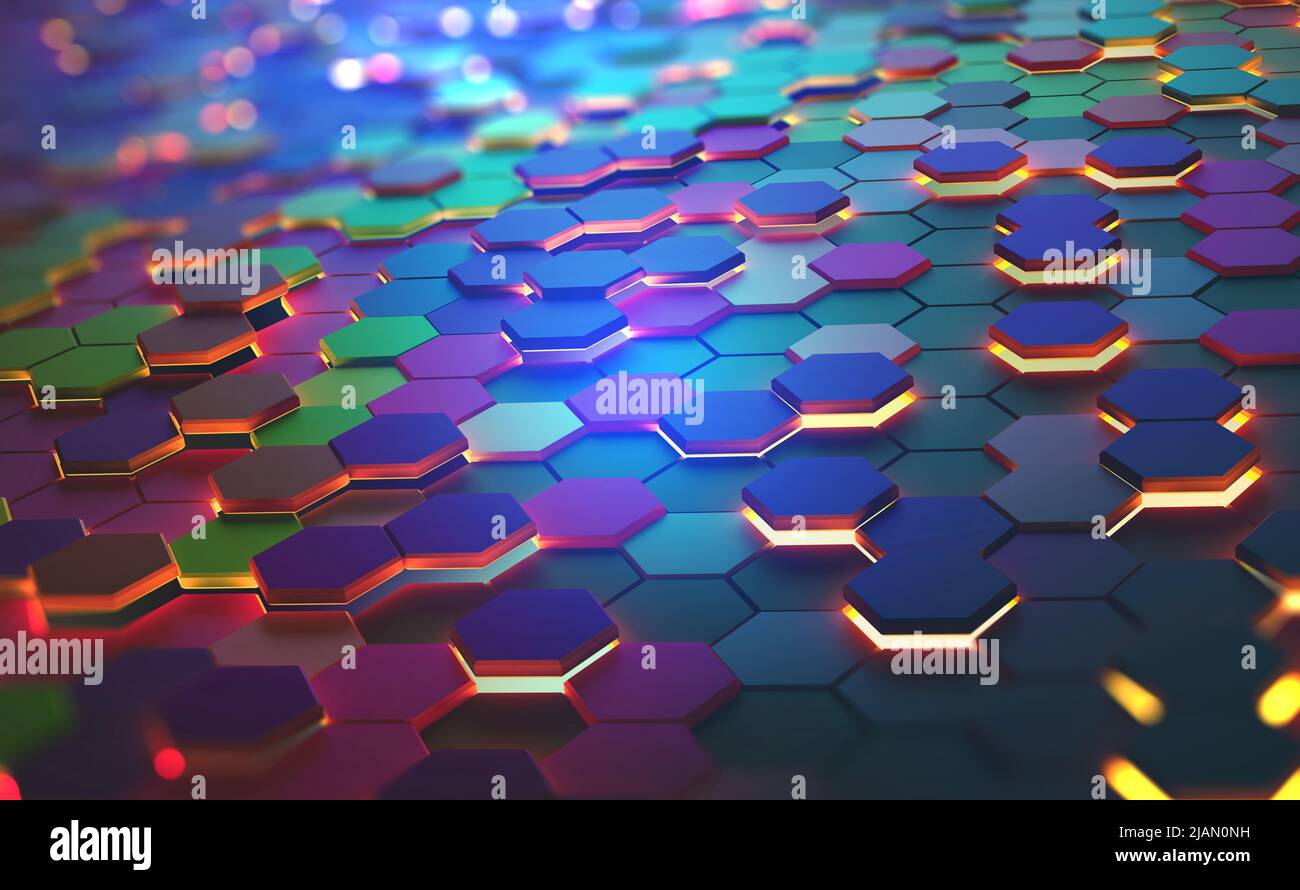 A field of hexagons in a futuristic 3D illustration. Bright color and neon light of the heated edges of the hexagons. Shallow depth of field with boke Stock Photo