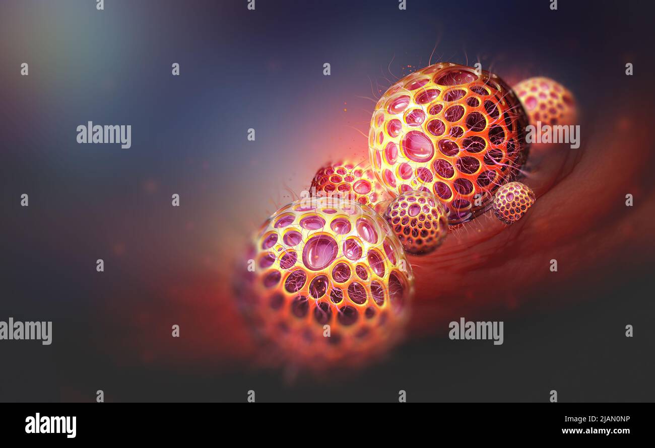 Allergens in body under microscope. Spores of pollen, fungi, germs, viruses. Virology and Microbiology 3D illustration Stock Photo