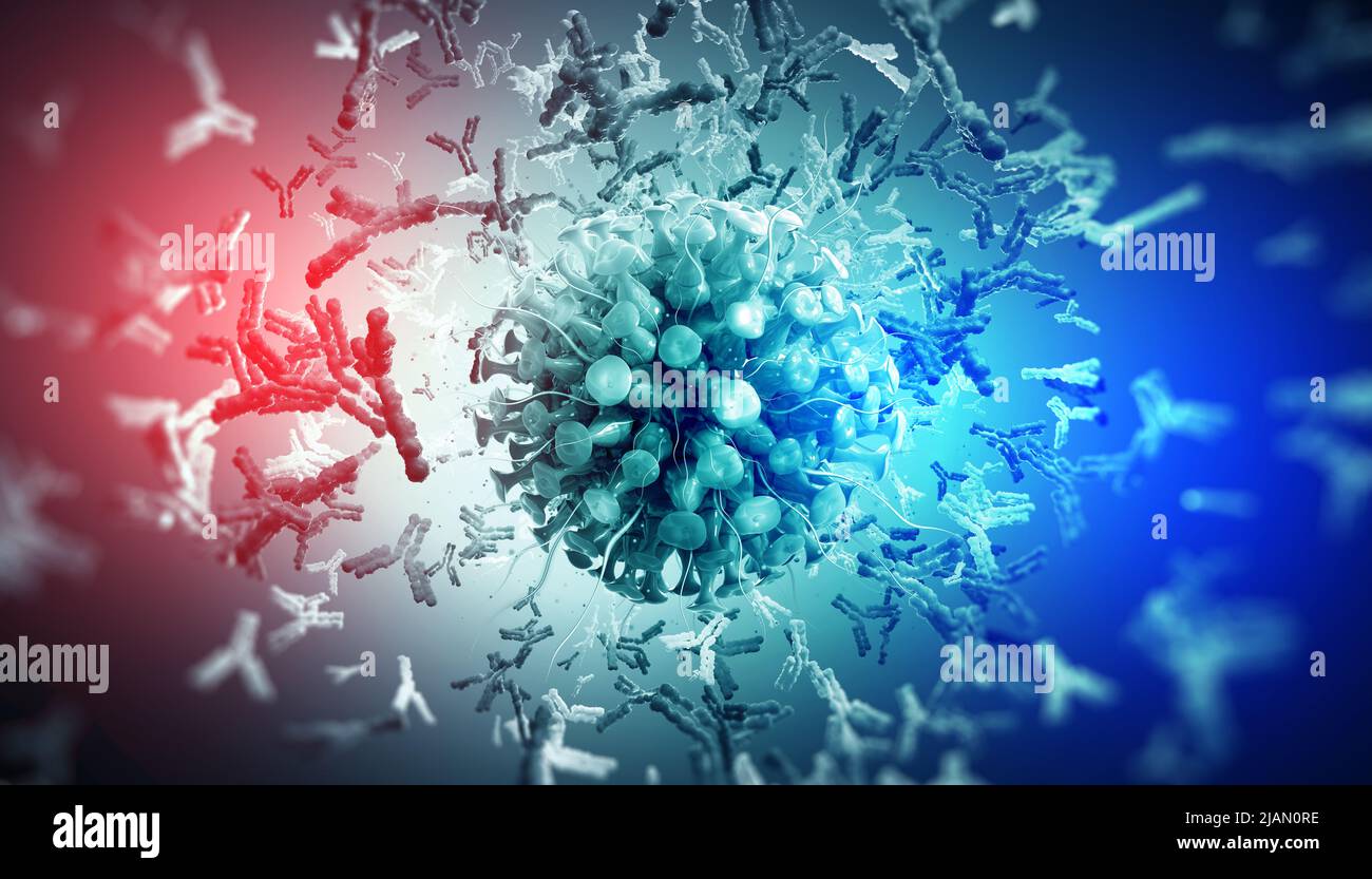 Vaccine action. Virus protection. Antibodies and viral infection. Immune defense of body. Attack on antigens 3D illustration Stock Photo