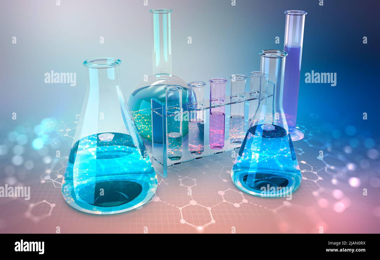 Medical research. Microbiology. Study of the chemical structure of cells. 3D illustration of laboratory tubes and flasks Stock Photo