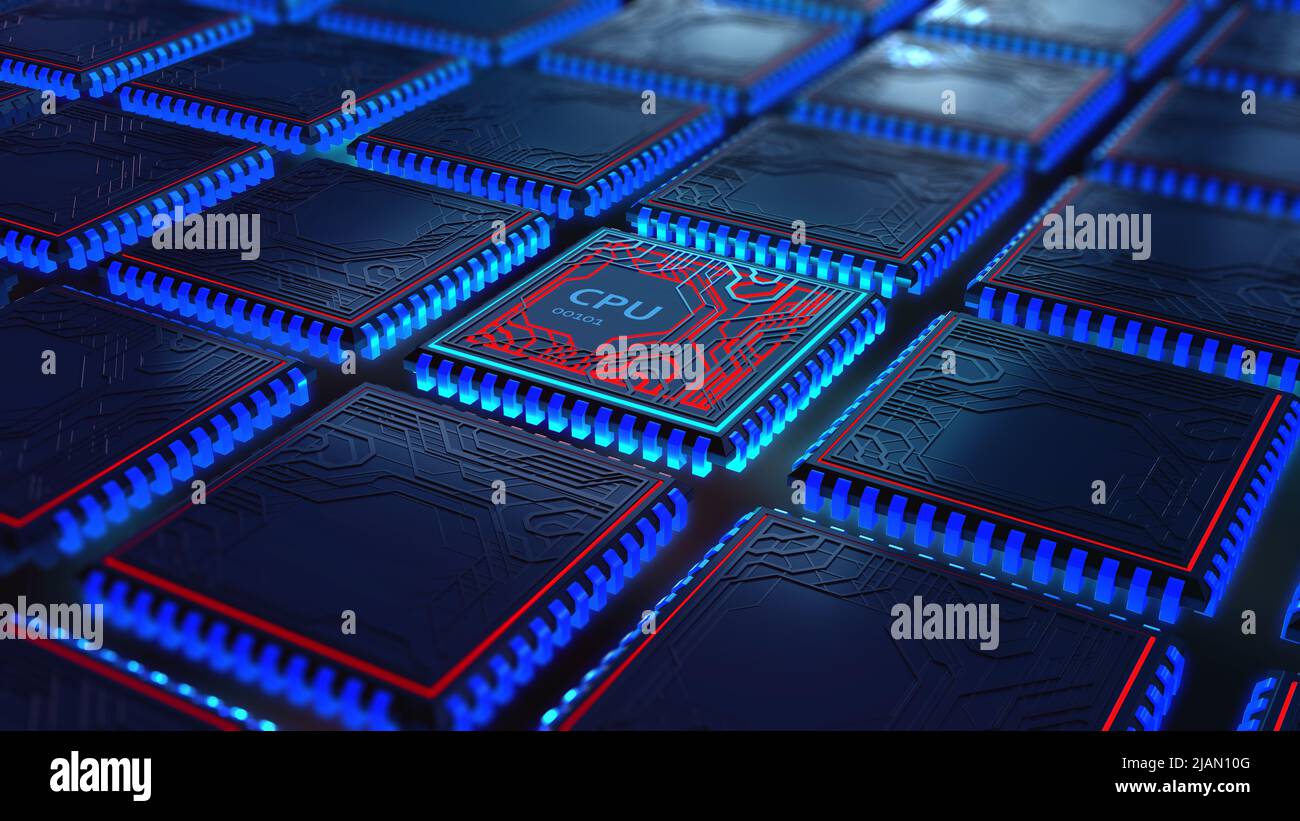 Futuristic CPU. Database, data center. Quantum processor in global