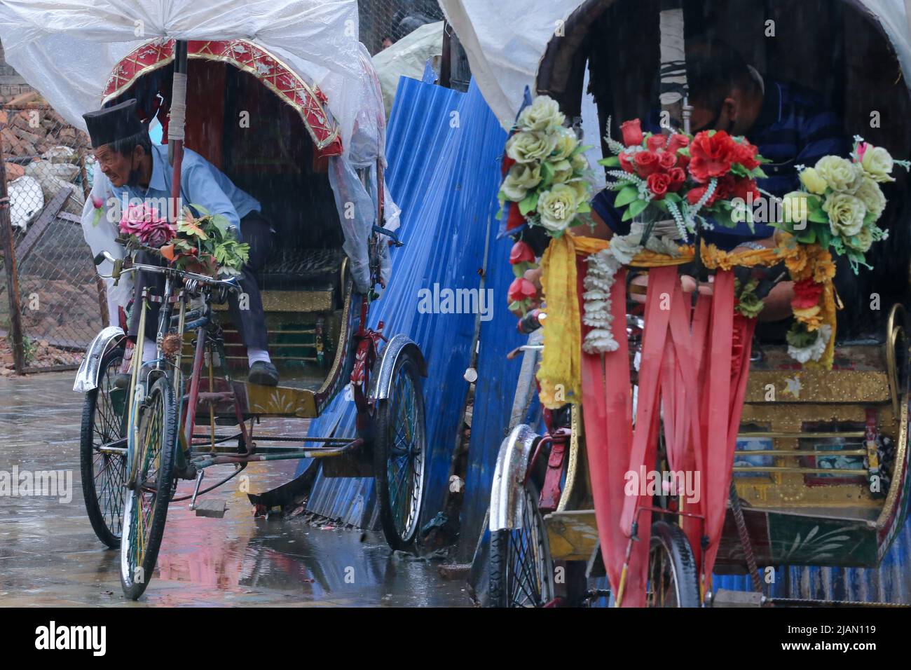 On May31, 2022 in Kathmandu, Nepal. Rikshwa driver waits for his ...