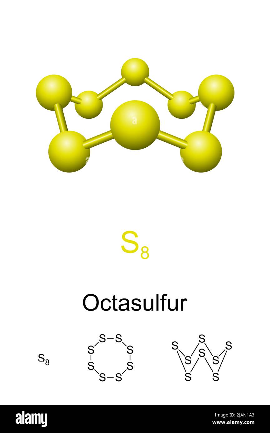 Octasulfur, ball-and-stick model, molecular and chemical formula. Also cyclo-octasulfur, cyclooctasulfane and octathiocane. Inorganic chemical. Stock Photo