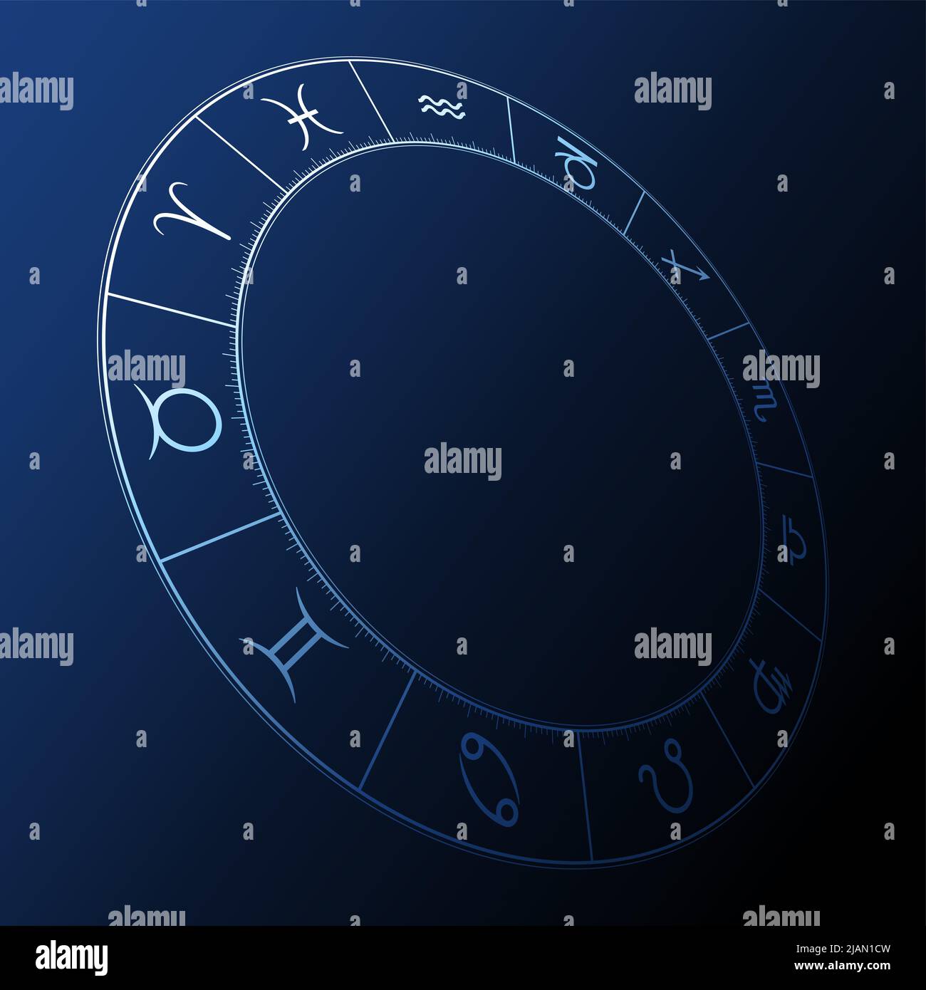 Zodiac circle on a dark blue background. Three dimensional astrological chart, showing the twelve star sign symbols. Wheel of the zodiac. Stock Photo