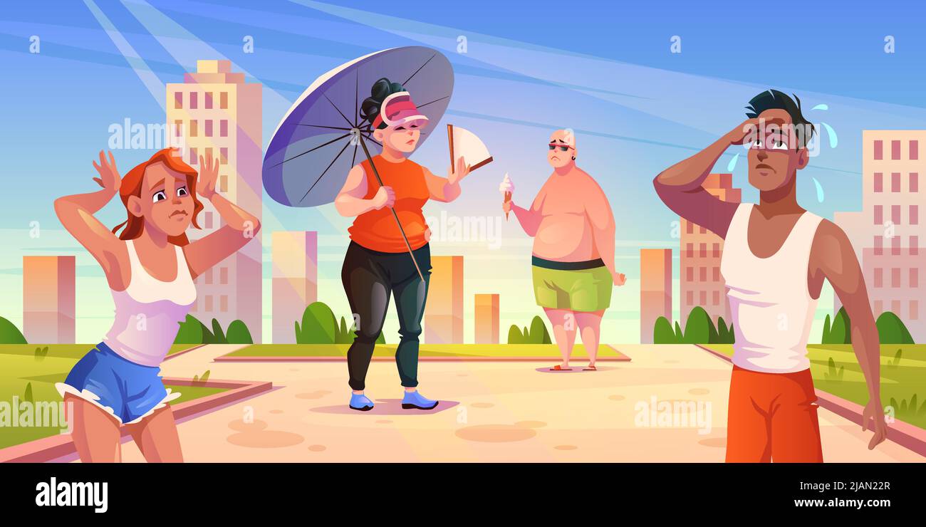 Weather heat outdoor. People in city park suffer from high temperatures, sweating person, hot sunny summer, shadow cooling, sun and heat stroke, male Stock Vector
