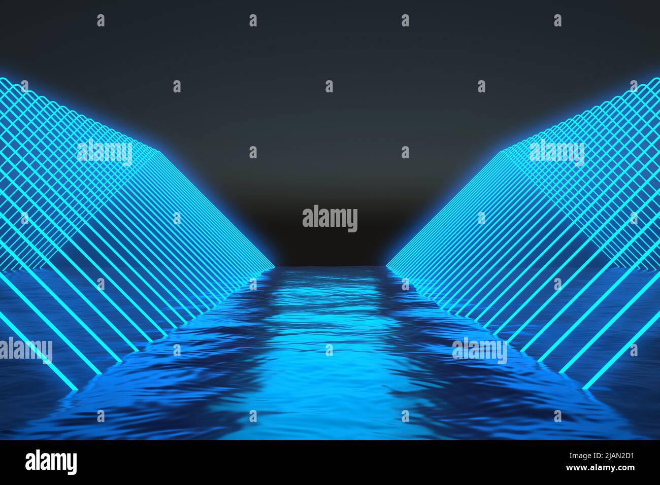 corridor of blue neon lines over the water. 3d rendering Stock Photo ...