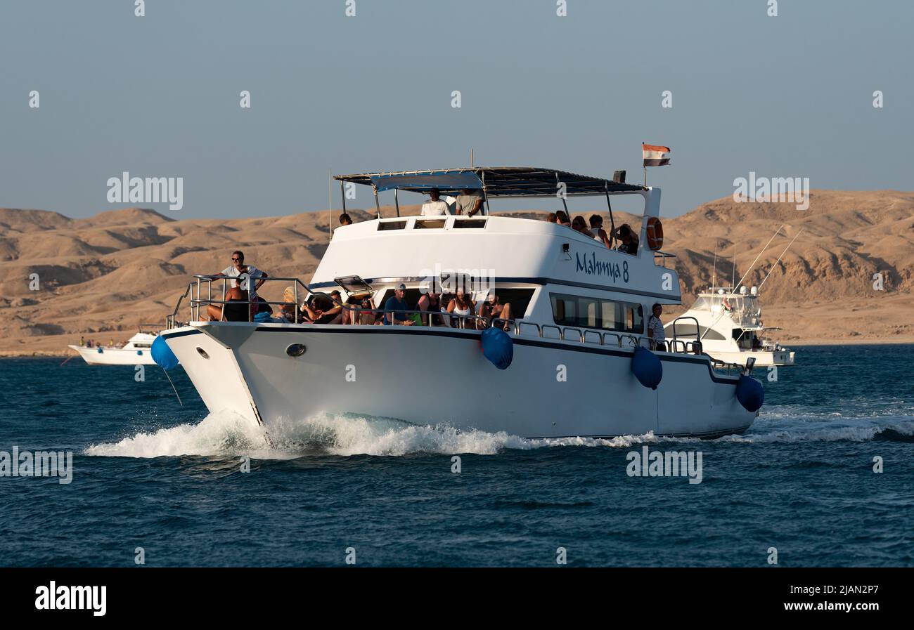 Hurghada, Egypt August 28, 2022 Vacation in Egypt. Tourist yacht