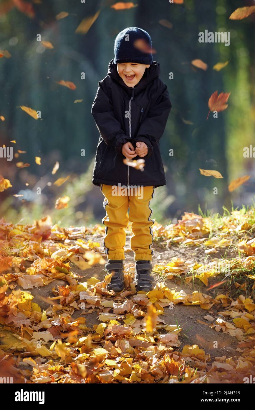 Happy toddler baby boy having fun, playing with fallen leaves in autumn park. Stock Photo
