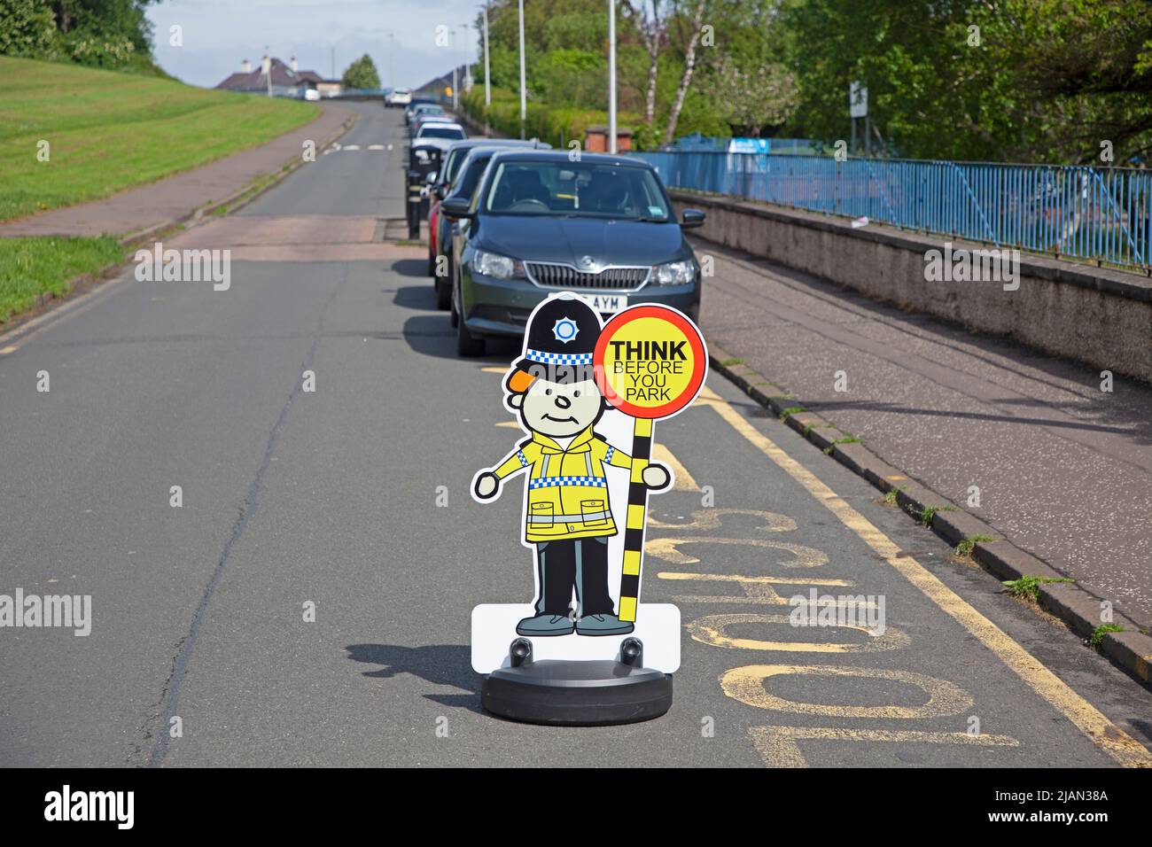 Road safety parking signs outside primary school, Edinburgh, Scotland