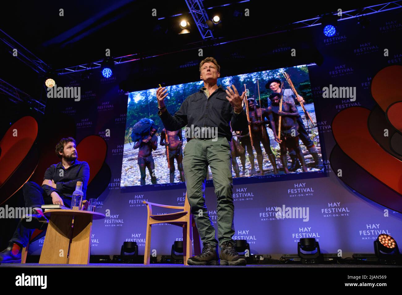 Hay-on-Wye, Wales, UK. 31th May, 2022. Benedict Allen talks to Dan Richards at Hay Festival 2022, Wales. Credit: Sam Hardwick/Alamy. Stock Photo