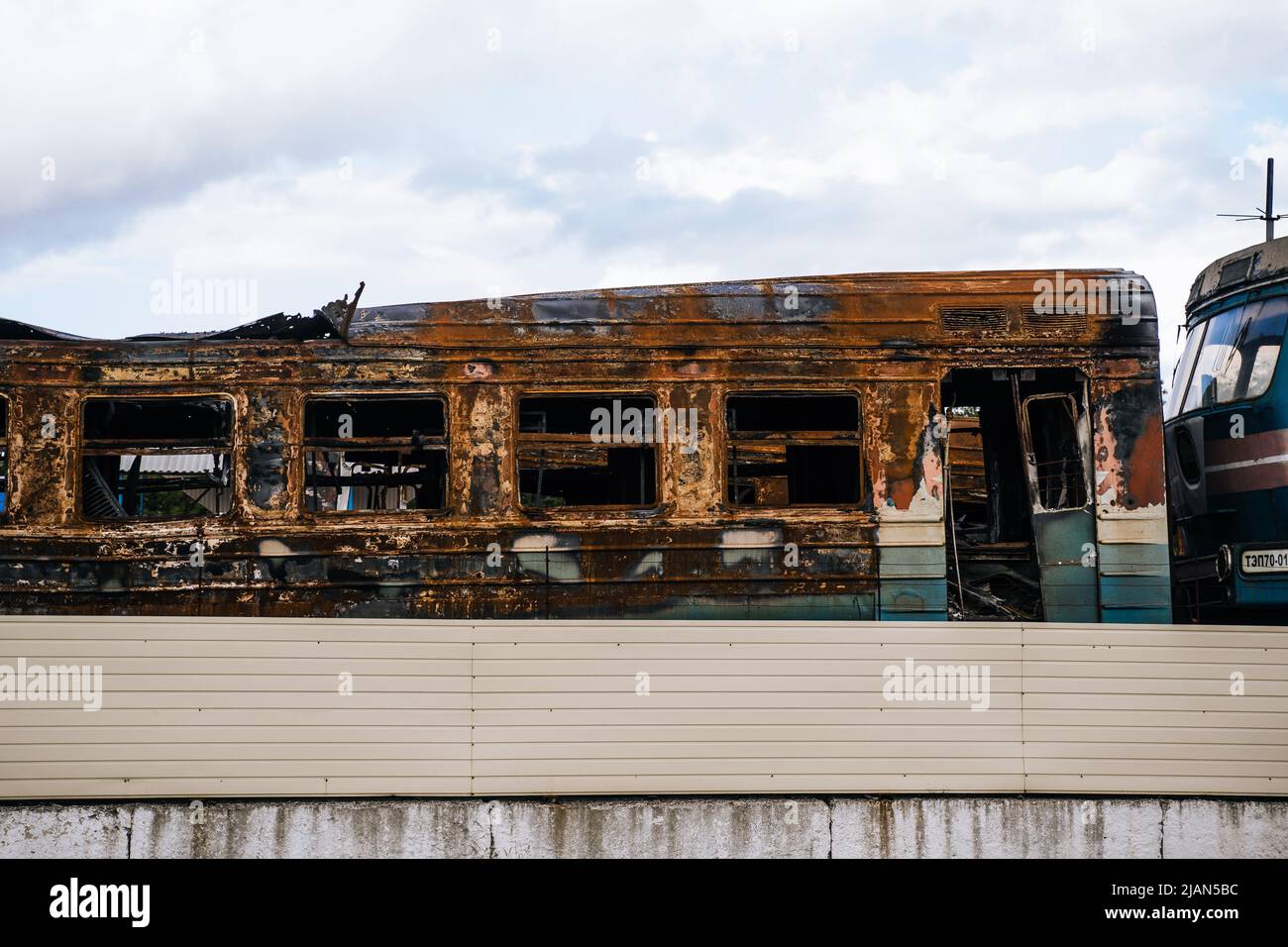 Exploded trains and wagons at the railway station in the city of ...