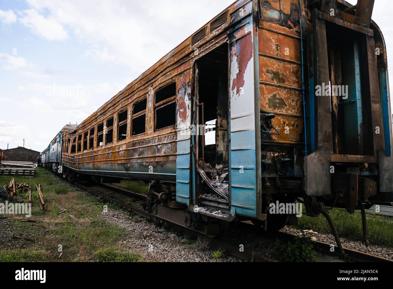 Exploded Wagons Exploded trains and wagons at the railway station in the city of ...