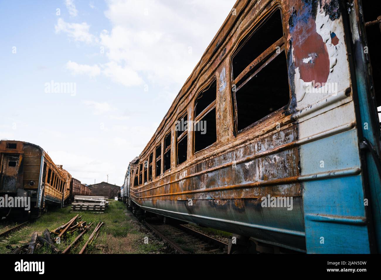 Exploded Wagons Exploded trains and wagons at the railway station in the city of ...