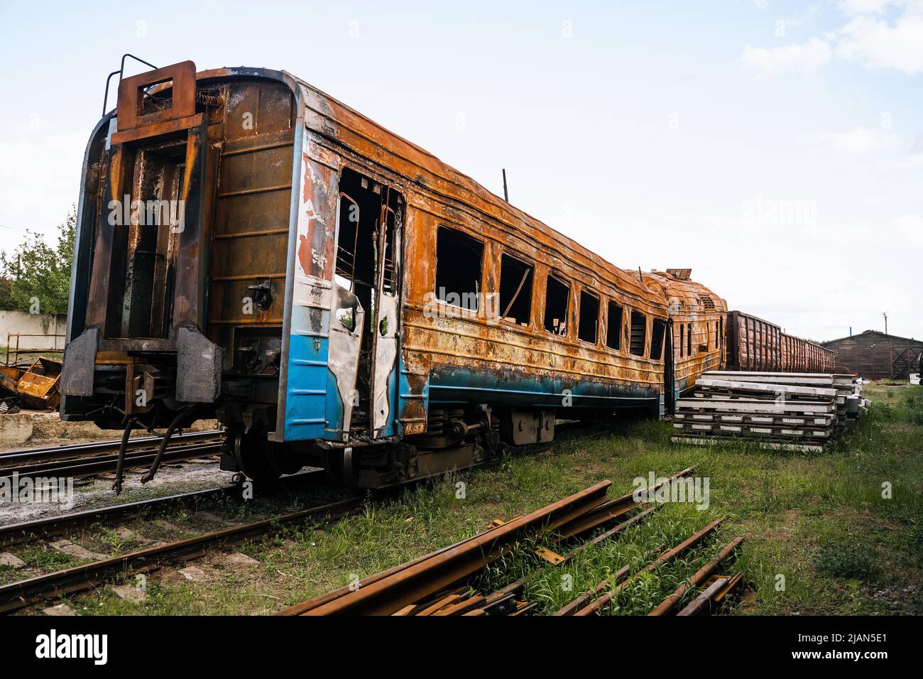 Exploded trains and wagons at the railway station in the city of ...
