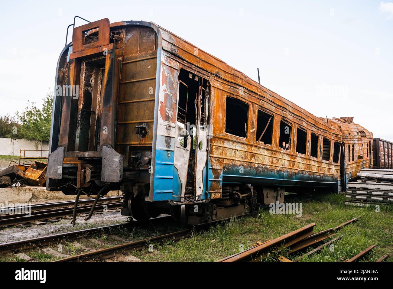 Exploded trains and wagons at the railway station in the city of ...