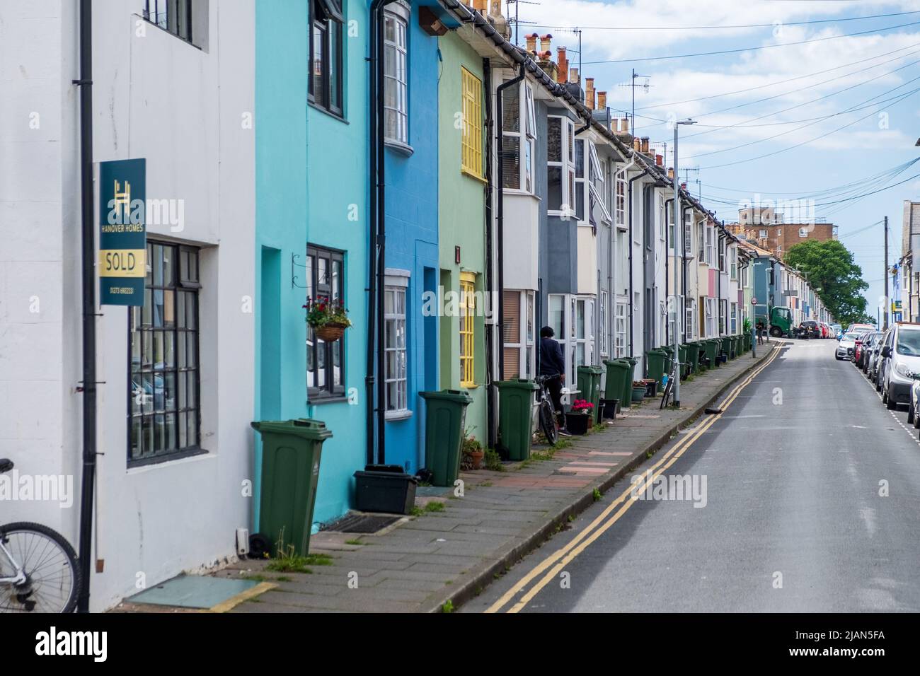 Terraced cottages typical of the Hanover neighbourhood on Washington Street in  Brighton Stock Photo