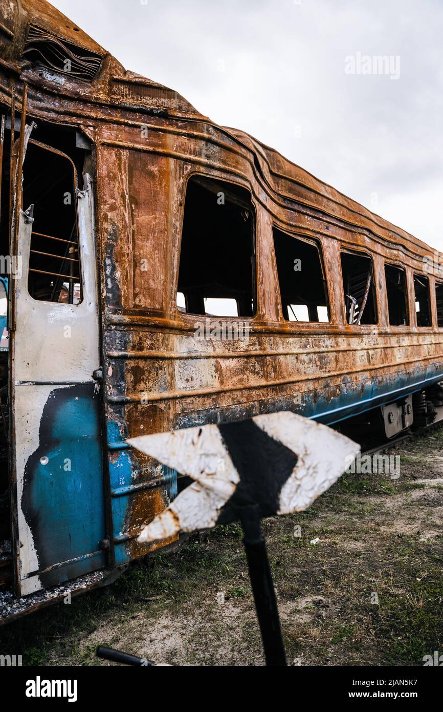 Exploded Wagons Exploded trains and wagons at the railway station in the city of ...