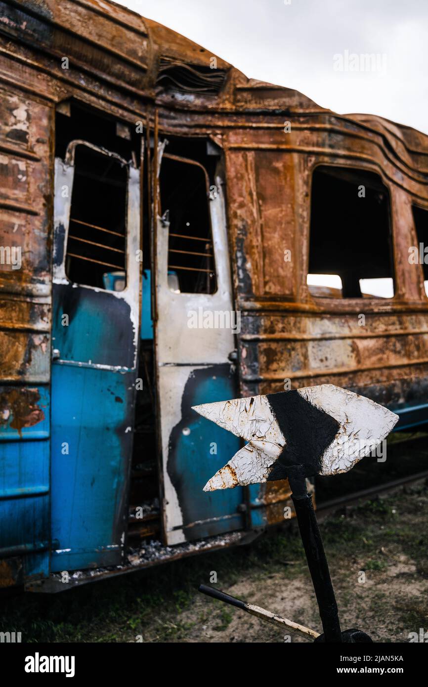 Exploded Wagons Exploded trains and wagons at the railway station in the city of ...