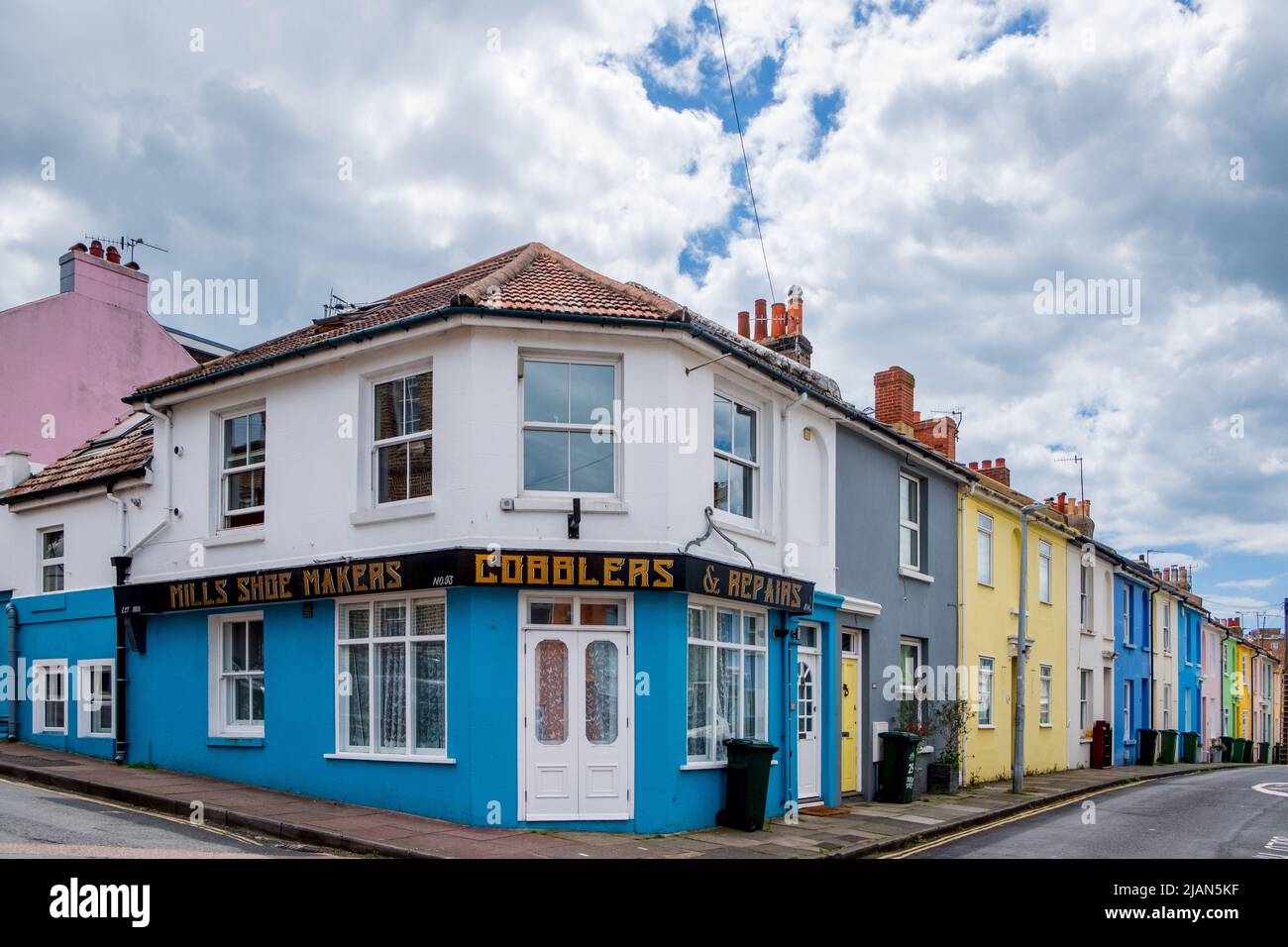 The corner of Southover and Jersey Streets in the Hanover neighbourhood of Brighton - once a shoe maker. Stock Photo