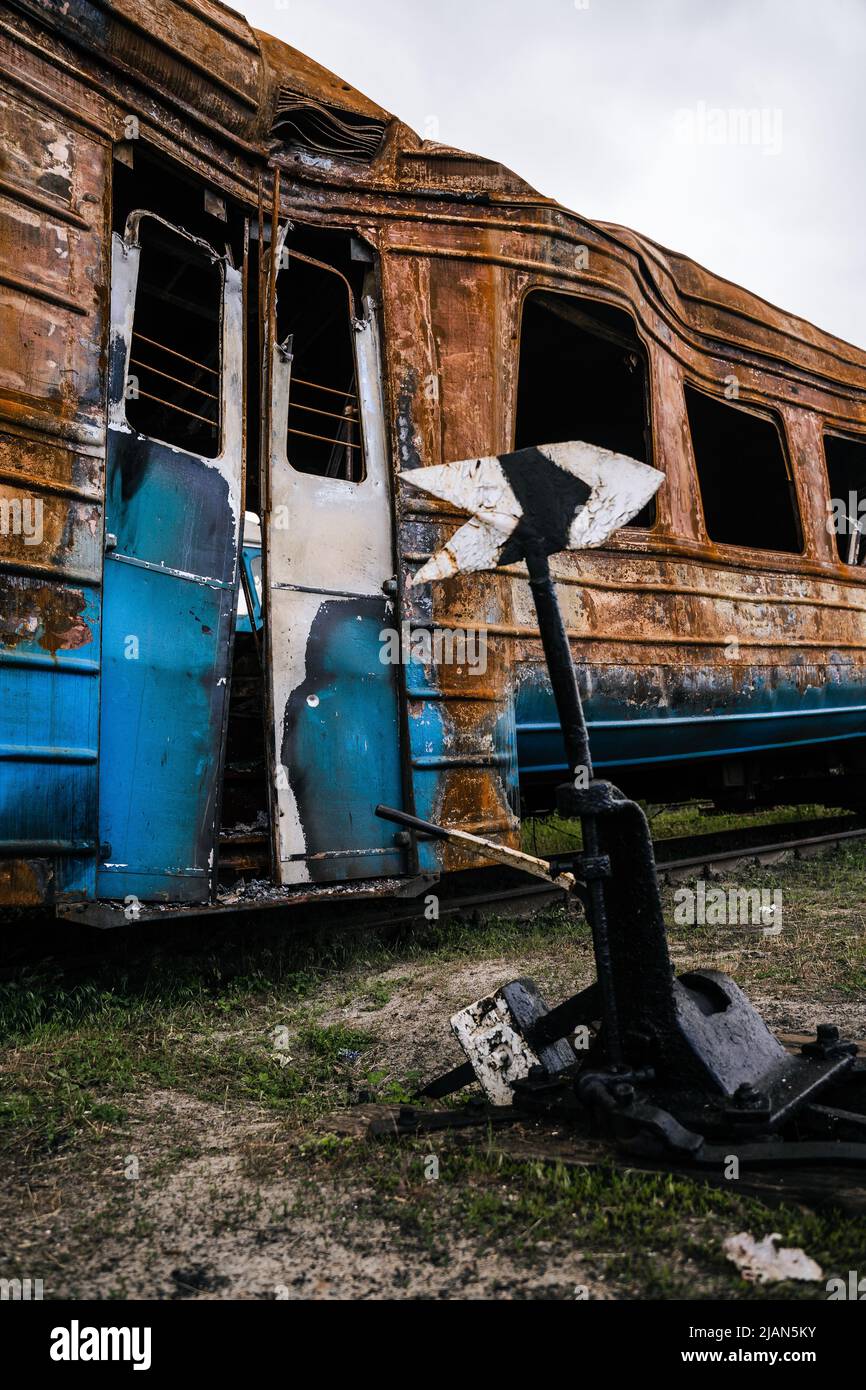 Exploded trains and wagons at the railway station in the city of ...