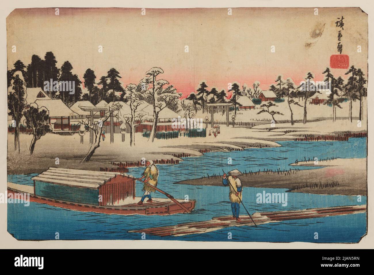 Japanese Raft Barge and a raft floating on the river in front of the Masaki Temple ...