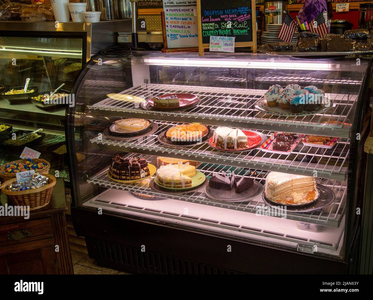 Cakes on display at a restaurant Stock Photo
